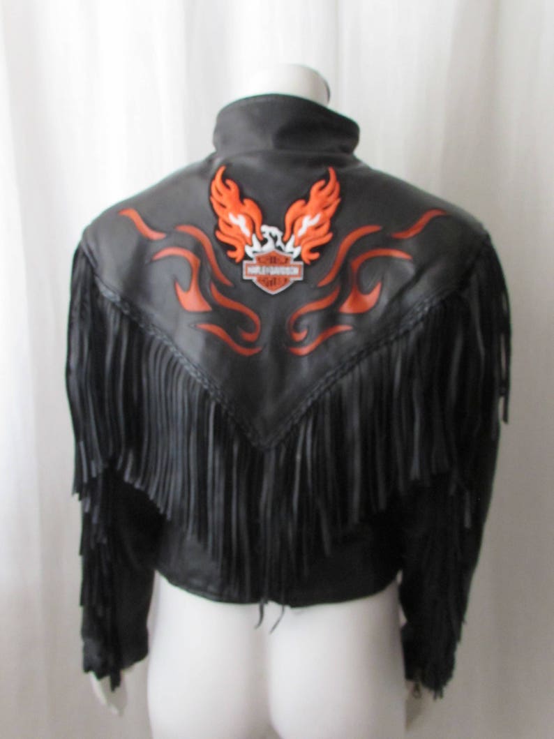 Harley Davidson Black Fringed Leather Jacket Orange detail size S
