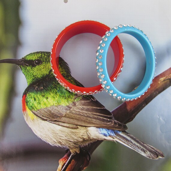 TWO BANGLE BRACELETS Red and Blue Rhinestones - image 2
