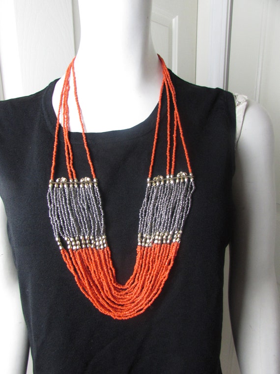 1980s Orange and silver beaded necklace 24 strands - image 1