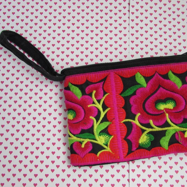 Peruvian Coin Purse /pouch /Zippered cloth/ colorful / embroidered hot pink lime green black strap