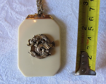 Vintage 1970s Asian Inspired Dragon Necklace Celuloid looking metal detail