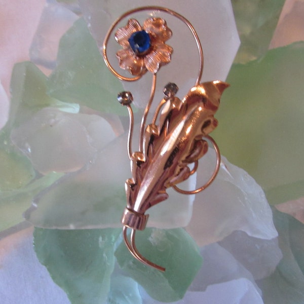 Vintage 1950's Brooch, Hat Pin Goldwash Blue stone Retro Flower/Nouveau/Victorian style