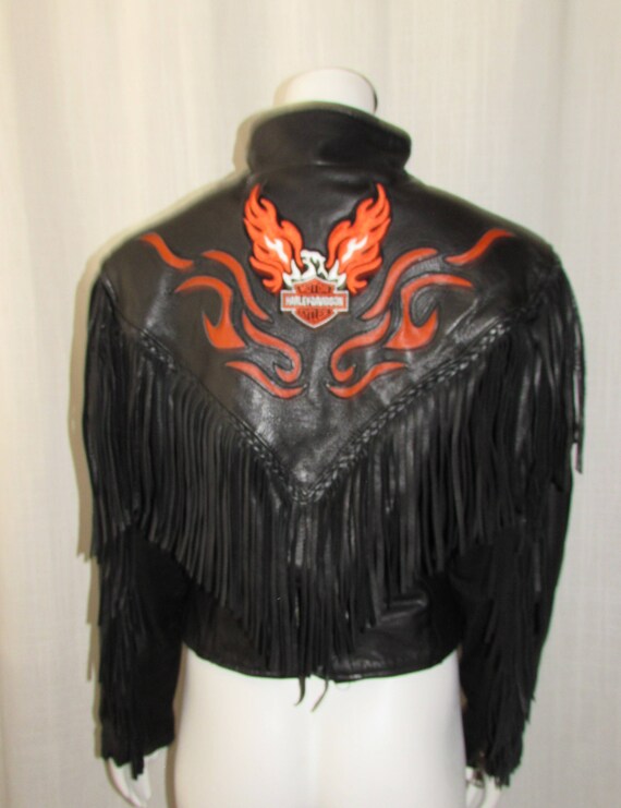 Harley Davidson Black Fringed Leather Jacket Orange Detail Size S