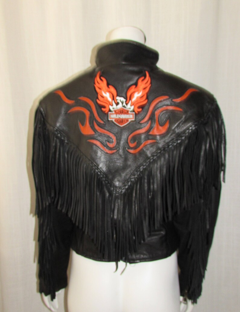 Harley Davidson Black Fringed Leather Jacket Orange detail size S
