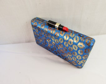 PURSE/ Clutch or Shoulder Strap Lipstick Closure and  Gold Lipstick Kisses on Blue fabric