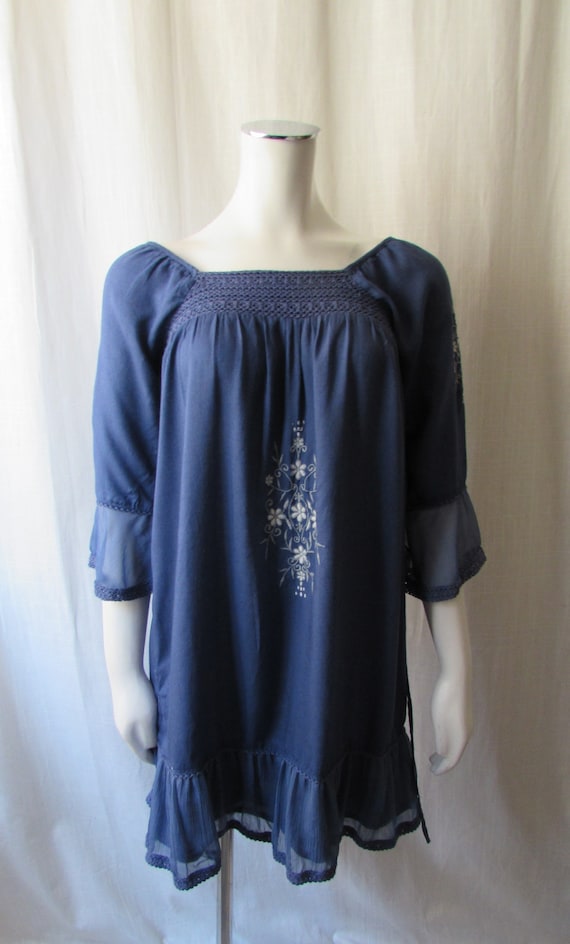 BLUE BOHO short Dress or Long Tunic Embroidered Ti