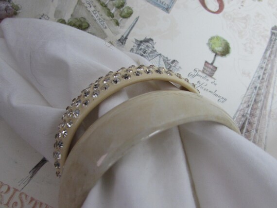 Pair Bangles light beige one with rhinestones Vin… - image 5