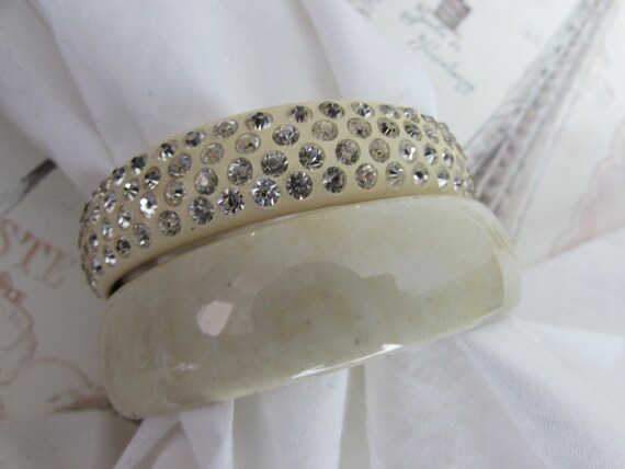 Pair Bangles light beige one with rhinestones Vin… - image 2