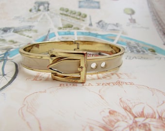 Buckle Bracelet white enamel on goldtone  adjustable vintage/ costume/ jewelry