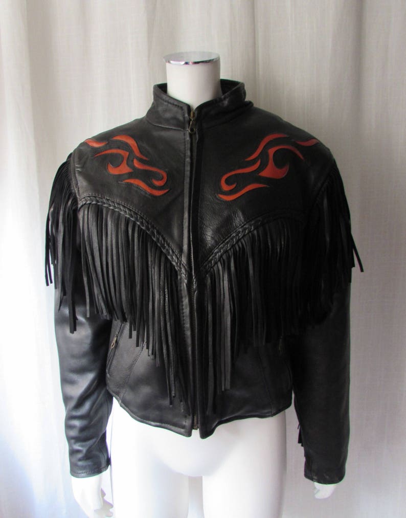 Harley Davidson Black Fringed Leather Jacket Orange detail size S