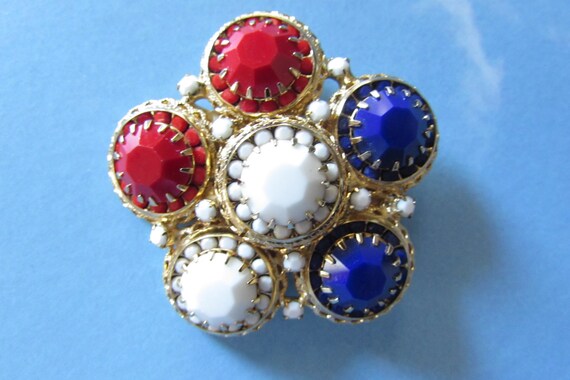 Vintage 70s RED WHITE BLUE  Crystal & goldtone Br… - image 5