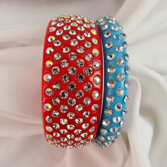 TWO BANGLE BRACELETS Red and Blue Rhinestones - image 6