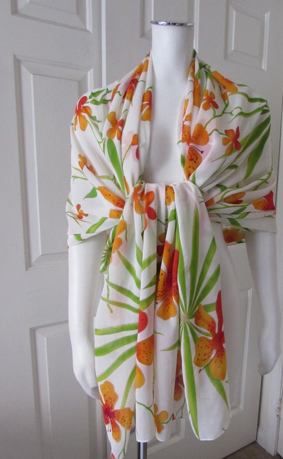 SCARF LARGE WHITE Orange Floral design Wrap shoul… - image 3