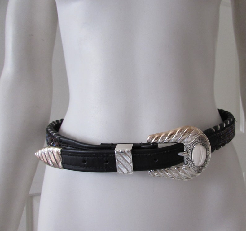 BELT Womans Silver Buckle Bugle Beaded Leather Designer Belt Etsy