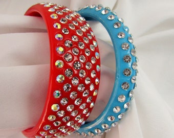 TWO BANGLE BRACELETS Red and Blue Rhinestones