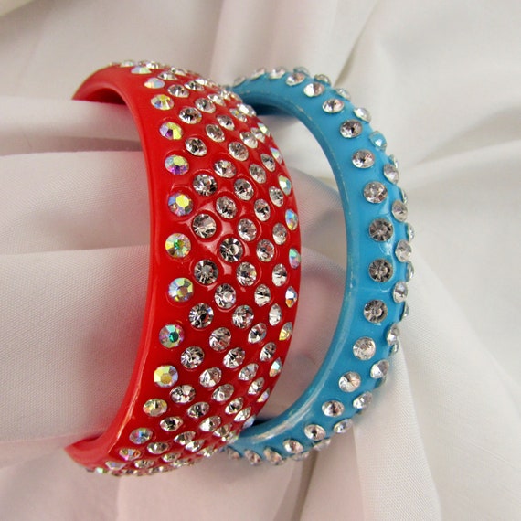 TWO BANGLE BRACELETS Red and Blue Rhinestones - image 1