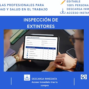 Puede incluir: Una tableta digital que muestra un formulario profesional de inspección de extintores con campos para fecha, ubicación y una lista de verificación de criterios de seguridad. La pantalla presenta una tabla con iconos y casillas de verificación.