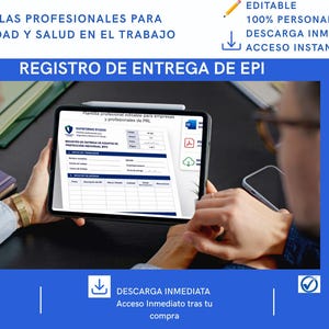 Puede incluir: Una tableta digital que muestra una plantilla profesional titulada REGISTRO DE ENTREGA DE EPI. La pantalla presenta campos para información del empleado y una tabla para el seguimiento de equipos. Incluye iconos de Word, PDF y descarga en la nube.