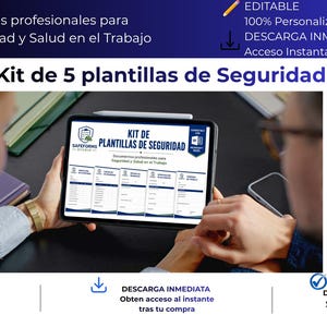 Op de afbeelding: Een digitale tablet met een set van vijf professionele veiligheidssjablonen. Het scherm toont de tekst Kit de Plantillas de Seguridad en somt vijf documenten op: Checklist de Seguridad, Inspección de Extintores, Permiso de Trabajo, Reporte de Incidentes en Investigación de Accidentes.
