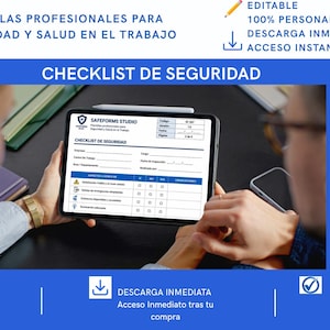 Puede incluir: Una plantilla digital de lista de verificación de seguridad en una pantalla de tableta, con el logotipo de SafeForms Studio, una tabla de inspección y campos para fecha y código. El texto incluye frases como Editable y Descarga inmediata.