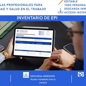 Puede incluir: Una tableta digital que muestra una plantilla profesional de inventario de EPI con encabezados azules y blancos. La pantalla presenta campos para el seguimiento de equipos, datos de seguridad e información de la empresa. La interfaz es clara, organizada y diseñada para la documentación de salud y seguridad laboral.