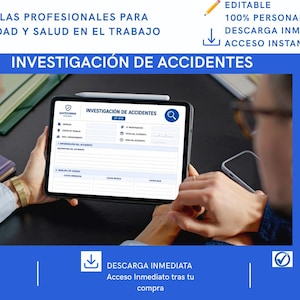 Puede incluir: Una tableta digital que muestra un formulario de investigación de accidentes titulado INVESTIGACIÓN DE ACCIDENTES. La pantalla incluye campos de entrada, un logotipo y un icono de lupa. El texto circundante incluye EDITABLE, 100% PERSONALIZABLE y DESCARGA INMEDIATA.