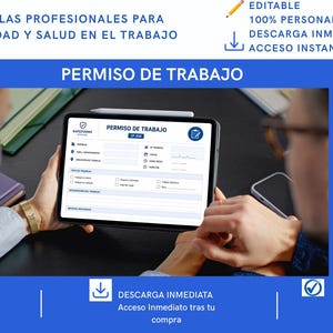 May include: A digital work permit template displayed on a tablet screen, featuring fields for job details, safety requirements, and task descriptions. The document includes the SafeForms Studio logo and is presented in a professional blue and white layout.