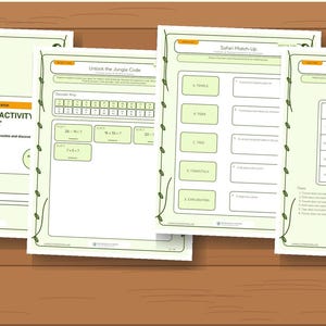 May include: Four pages from a Wild Jungle Activity Quest book featuring light green borders with vine illustrations. The pages include a title page, a math code puzzle, a safari match-up activity, and a jungle research logic grid puzzle.