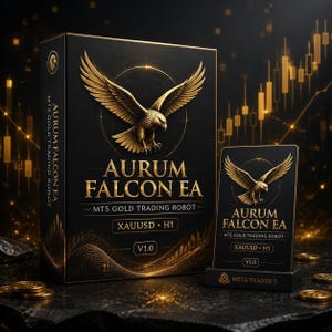 May include: A black rectangular box and a matching vertical plaque featuring a gold eagle emblem. The text reads Aurum Falcon EA, MT5 Gold Trading Robot, XAUUSD H1, and V1.0. The design includes gold lines and a Meta Trader 5 logo on the base.