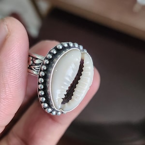 May include: A silver ring featuring a central white cowrie shell set within a beaded metal border. The band of the ring displays an intricate floral or leaf-like engraved pattern along the sides, providing a detailed metallic finish.