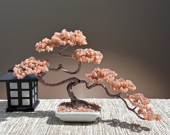 Handmade Peach Moonstone Crystal Bonsai Tree, Gemstone Tree of Life Home Decor