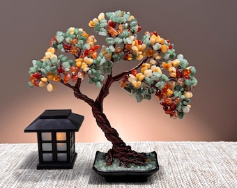 Green, Yellow Aventurine and Carnelian Crystal Tree, Gemstone Bonsai Home Decor