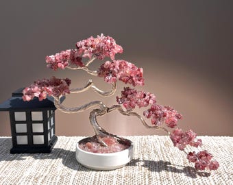 Handmade Strawberry Quartz Crystal Bonsai Tree, Gemstone Tree of Life Home Decor
