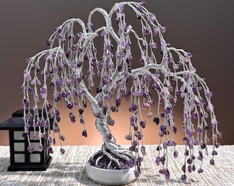 Amethyst Willow Crystal Tree, Handmade Gemstone Bonsai, Tree of Life, Unique Home Decor