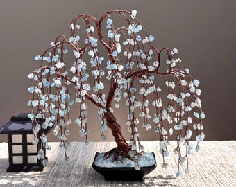 Aquamarine Willow Crystal Tree, Handmade Gemstone Bonsai, Tree of Life, Unique Home Decor
