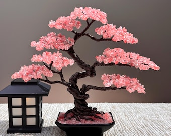 Cherry Quartz Gemstone Tree, Handmade Bonsai, Tree of Life, Blue Crystal Home Decor