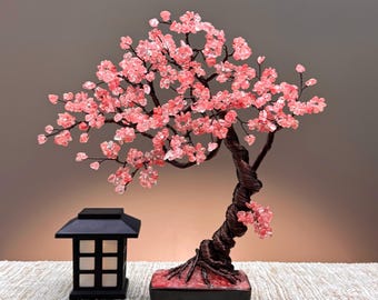 Large Cherry Quartz Crystal Tree, Handmade Gemstone Bonsai, Tree of Life, Unique Home Decor