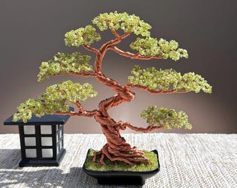 Peridot Gemstone Tree, Handmade Bonsai, Tree of Life, Green Crystal Home Decor