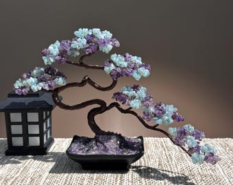 Handmade Amethyst-Aquamarine Crystal Bonsai Tree, Gemstone Tree of Life Home Decor