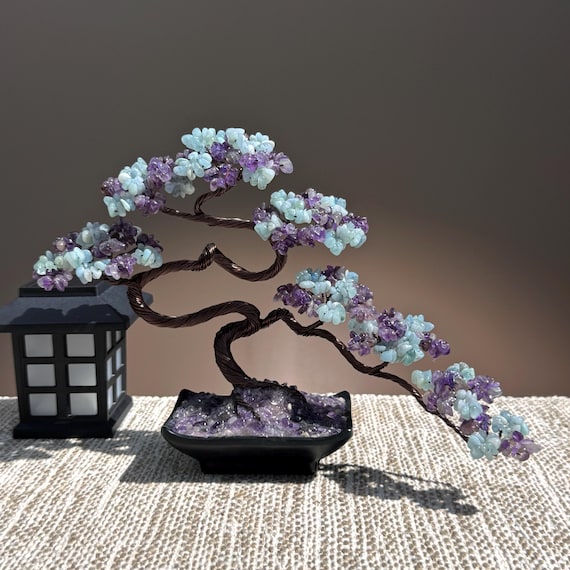 Handmade Amethyst-Aquamarine Crystal Bonsai Tree, Gemstone Tree of Life Home Decor