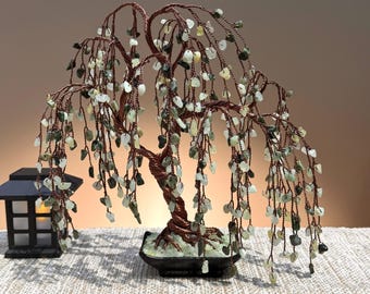Jade-Botswana Agate Willow Crystal Tree, Handmade Gemstone Bonsai, Tree of Life, Unique Home Decor