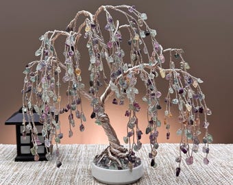 Fluorite Willow Crystal Tree, Handmade Gemstone Bonsai, Tree of Life, Unique Home Decor