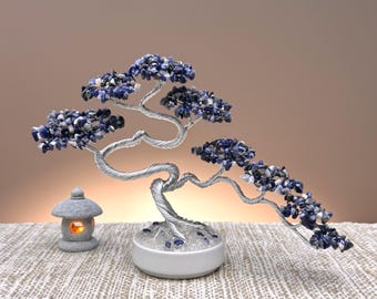 Handmade Sodalite Crystal Bonsai Tree, Gemstone Tree of Life Home Decor