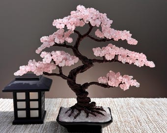 Rose Quartz Gemstone Tree, Handmade Bonsai, Tree of Life, Pink Crystal Home Decor