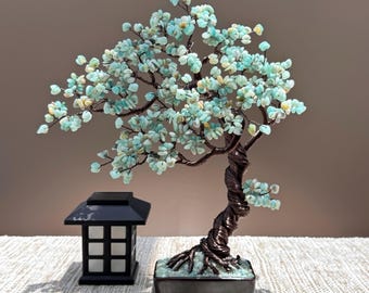 Large Amazonite Crystal Tree, Handmade Gemstone Bonsai, Tree of Life, Unique Home Decor