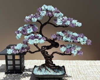 Handmade Amethyst-Aquamarine Crystal Bonsai Tree, Gemstone Tree of Life Home Decor
