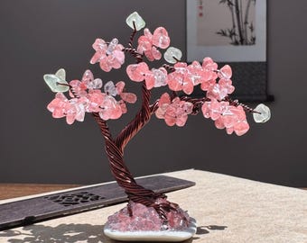 Mini Cherry Quartz Crystal Tree, Handmade Gemstone Bonsai, Tree of Life, Unique Home Decor