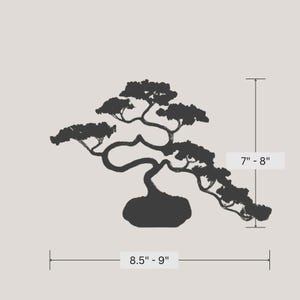 May include: A black silhouette of a bonsai tree with a curved trunk and spreading branches. The graphic includes measurement markers indicating a height of 7 to 8 inches and a width of 8.5 to 9 inches, providing clear scale for the design.