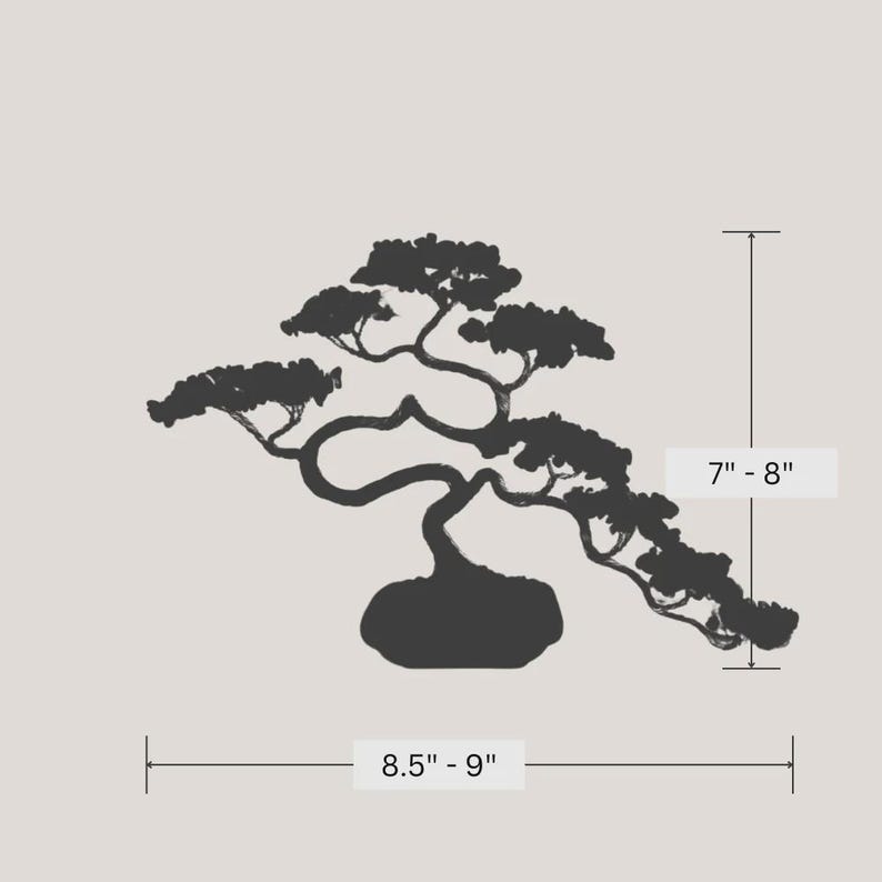 May include: A black silhouette of a bonsai tree with a curved trunk and spreading branches. The graphic includes measurement markers indicating a height of 7 to 8 inches and a width of 8.5 to 9 inches, providing clear scale for the design.