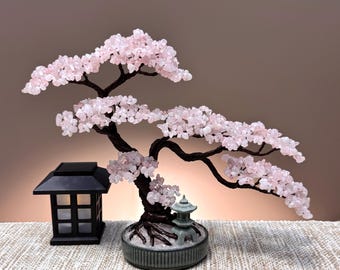 Large Rose Quartz Crystal Tree, Gemstone Bonsai Pagoda, Tree of Life Home Decor